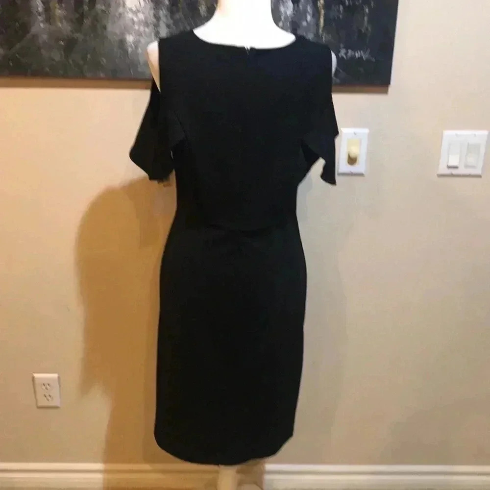 NWT Nina Leonard Black Ruffled Cold Shoulder Dress w/Back Slit Pleated Front-M - Picture 5 of 10